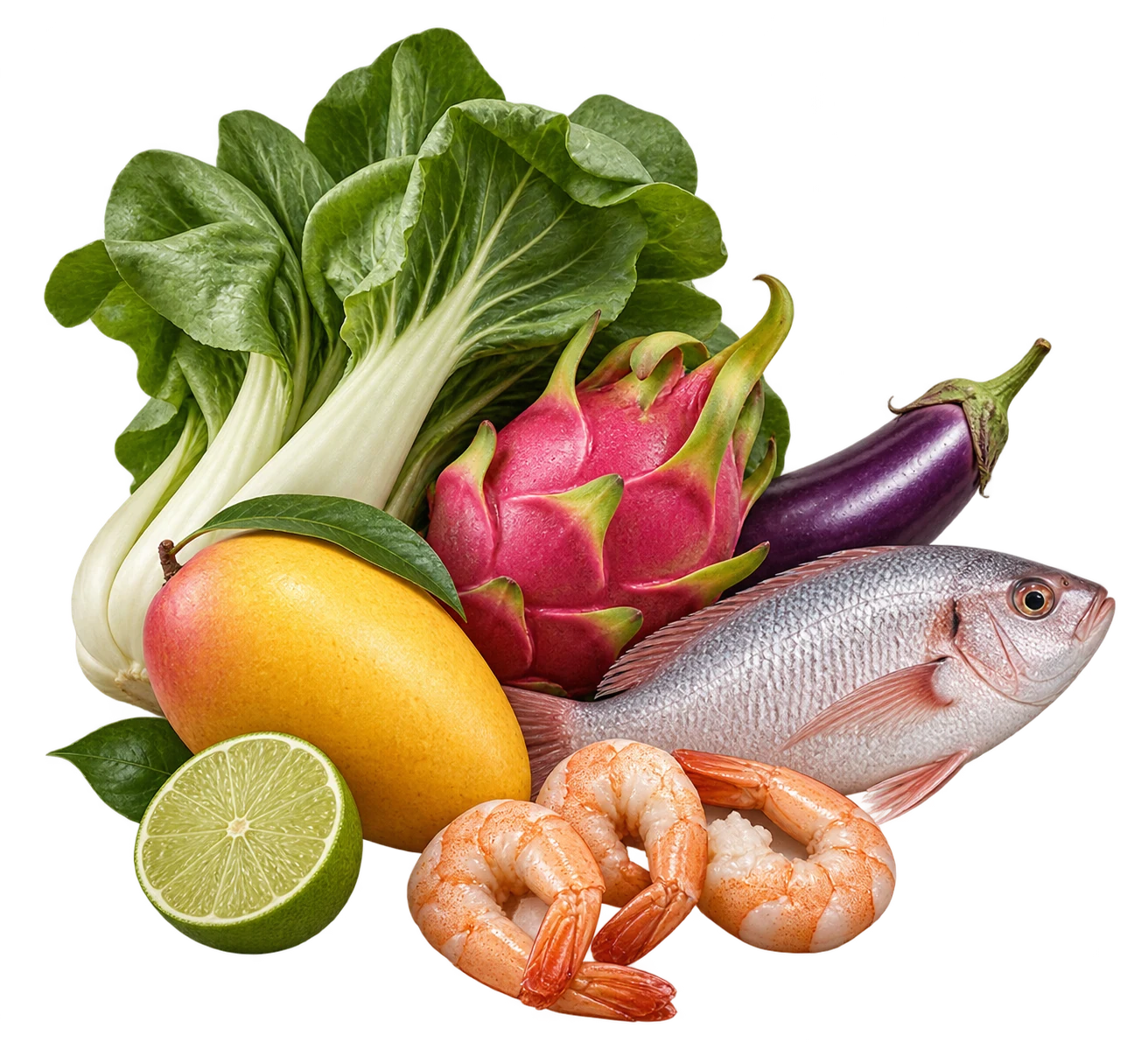 3D-style illustration of bok choy, mango, lime, dragon fruit, eggplant, a whole fish and shrimp